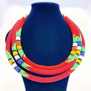 African Red Three Band Statement Necklace